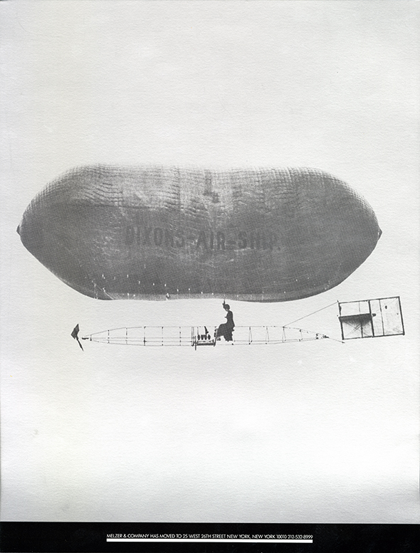 Black and white image of an air ship and a woman sitting in the center. 
