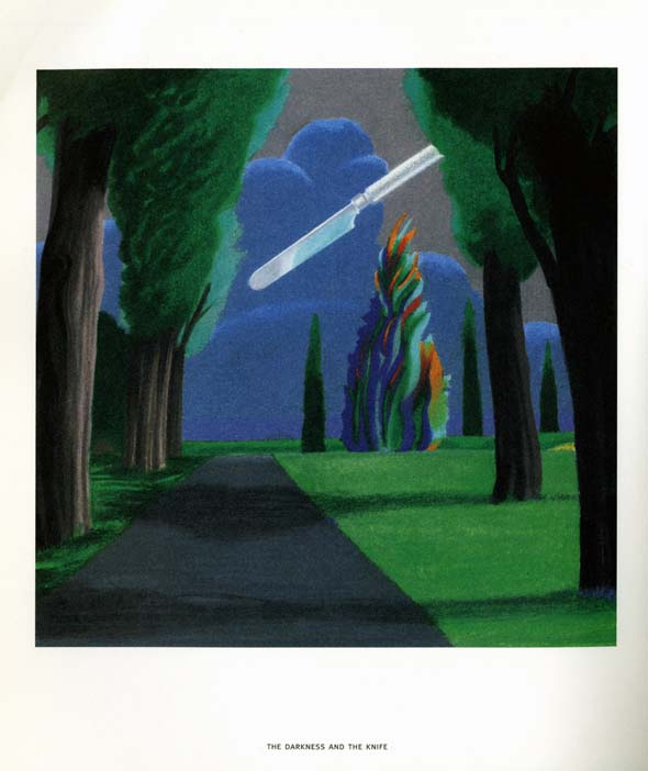 Painting of an evening path with trees on both sides, and a palette knife over a blue cloud.