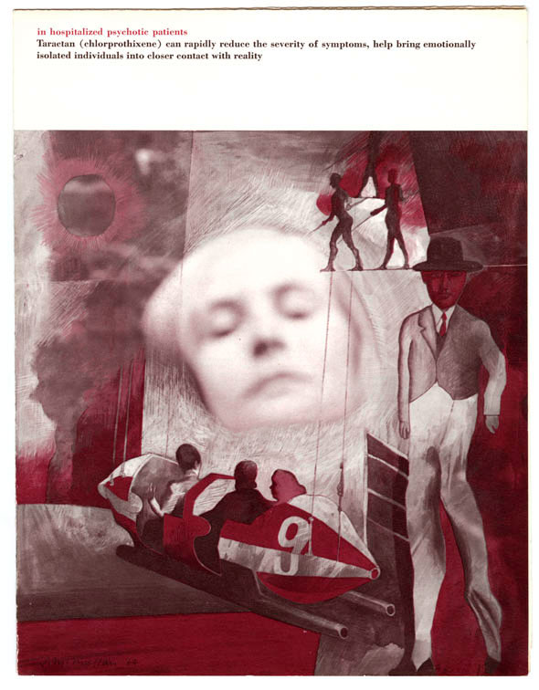 Collage of red and gray photography and illustration, including a woman's face in the distance and a male figure amid geometric shapes.