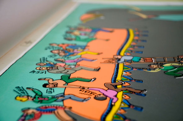 A close up photo of a colorful illustration of a crowd of people on and climbing on to an elephant. In the close up we can see the closer and the outlines of the drawings are separated into two different layers. The outline is drawn onto a clear cel. 