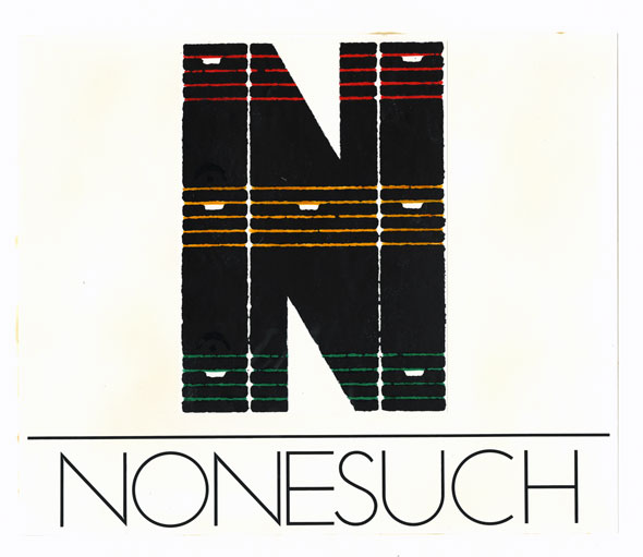 Block black letter N made up of colorful grid lines on a white background. Underneath in think black text reads "Nonesuch"