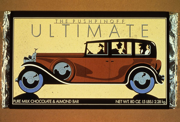 Chocolate bar with illustration of a brown Rolls Royce against a yellow background