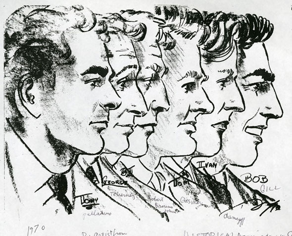 A drawing of six men's facial profiles, looking towards the right. 