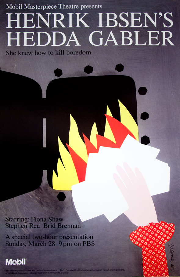 Red, yellow and grey cutout illustration of a woman throwing papers into a furnace