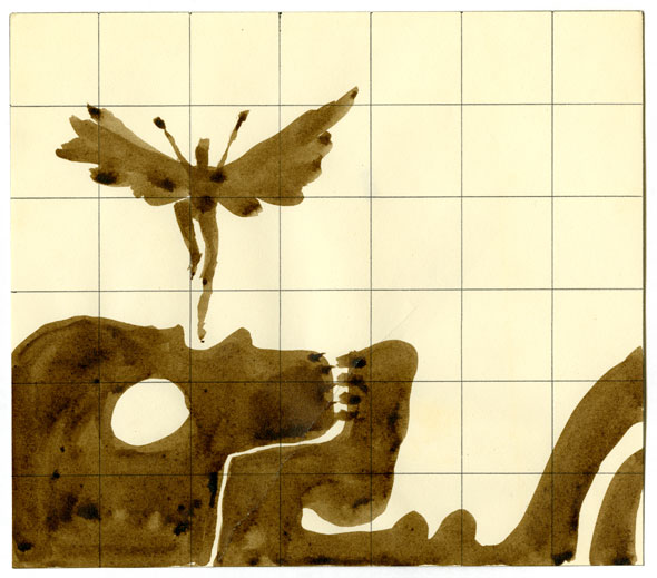 A rough ink sketch on a 6 by 6 grid paper of a skeleton laying down on it's profile. On the skeleton's nose a small angel hovers above it. The angel has its wings open and both hands in the air. 