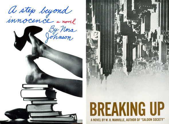Two black and white book covers; left is of a woman's feet shedding her high heels while resting on a stack of books, the title reads "A step beyond innocence"; the other is an upside down cityscape the title reads "Break up".