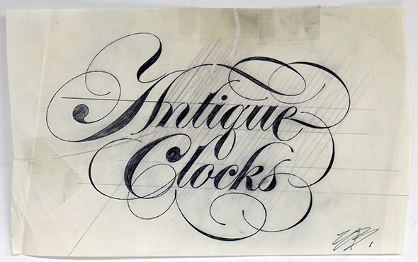 Hand-lettered logotype spelling "Antique Clocks".