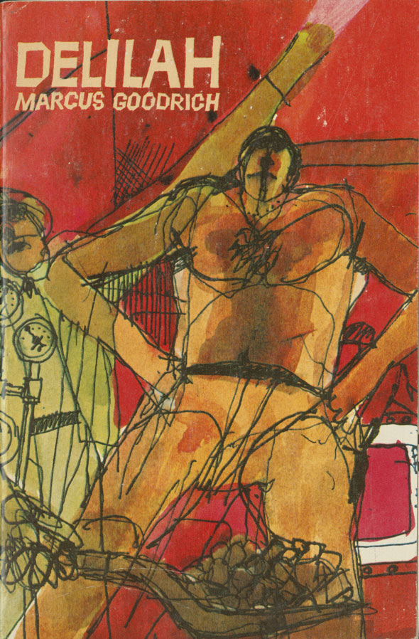 Rough red and yellow illustration of two men; one in the center, shirtless with hands on his hips, the other in a suit in the background