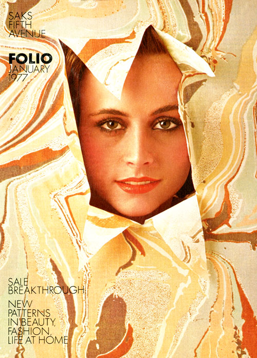 Color photo of a woman's face looking through a torn wall of yellow and red marbled paper. At the bottom left in thin formal text is , "Sale Breakthrough"
