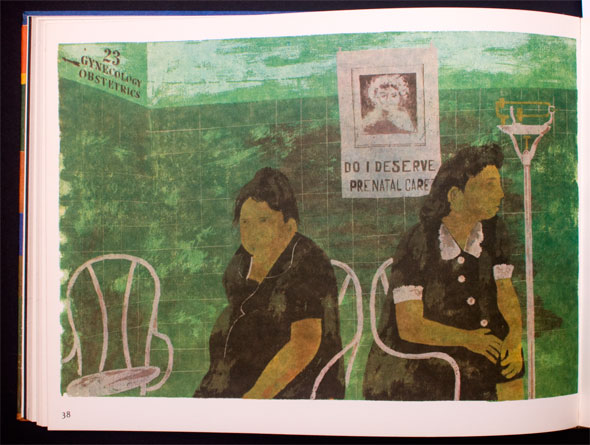 Illustration of two women sitting in a green maternity ward. A poster reading "Do I deserve prenatal care?" is visible