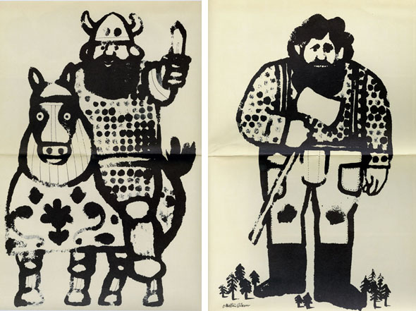 Two drawings side by side of similar-looking, large cartoon men with fluffy black beards. The left man, Ilya Murometz, is wearing a viking helmet, riding a horse and holding a short sword. The right man, Paul Bunyan, is holding an axe; tiny pine trees surround his feet to establish his size.