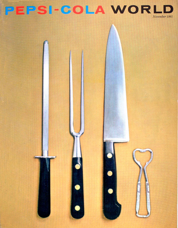 A collection of cooking implements lined of against a yellow background, including a bottle opener