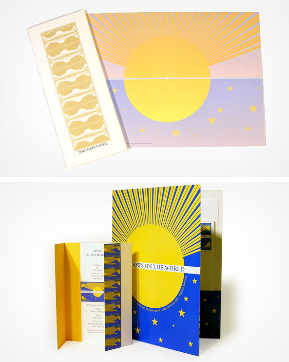 Two photos of two different menus. The top photo of a narrow rectangular menu with a gold pattern design with"hor d'oeuvres" in formal black text, it's in a thin gold border. Next to the small menu is a horizontally wide folder. The folder is spilt into two, the top part is a semi circle with rays of light coming out, a shining sun, in a lilac to soft pink gradient background. The bottom half is an upside semi circle, a sun, with a soft purple to pink gradient background with yellow stars scattered around it. It depicts a sunrise and sunset together. The bottom photo has a slightly wider menu that has folds. The patterned design at the front of the menu is blue and yellow. The folder next to the menu is similar to the folder above, it is not as wide and the colors are only yellow and blue. 