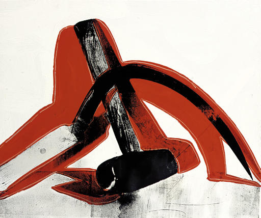 A silkscreen artwork. A detailed black and white sickle laid on top of a mallet. The tools have a thick red border and shadow that merge together. The background is white with think weak black smears scattered across it.
