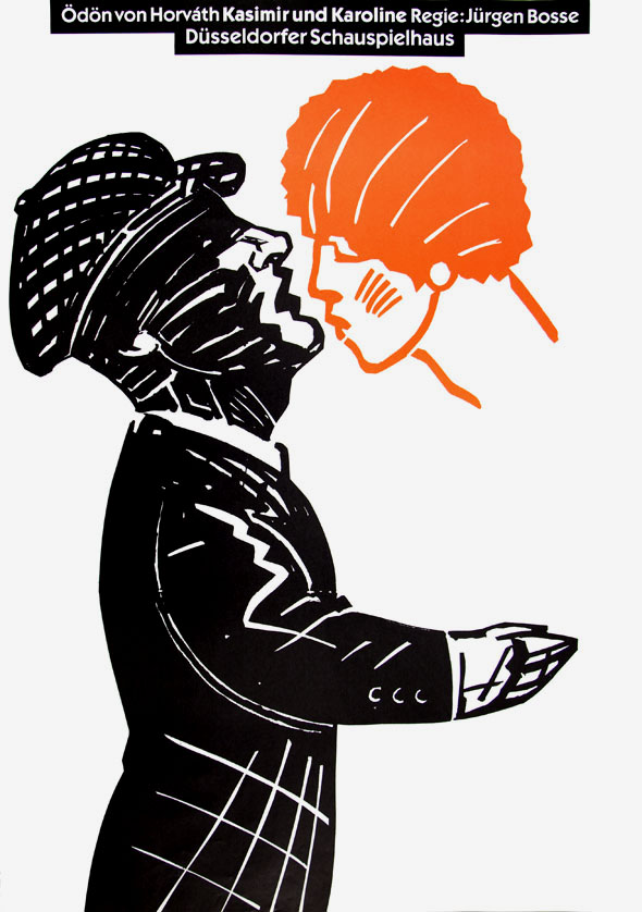 Black and white woodcut style man lifting his head up to kiss the floating visage of a woman in orange