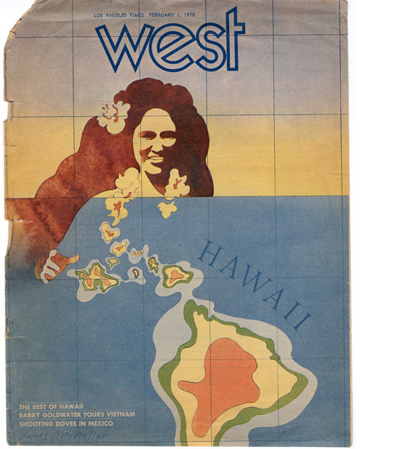 Color illustration of a Hawaiian woman wearing a flower necklace that morphs into the state of Hawaii against a light grid pattern