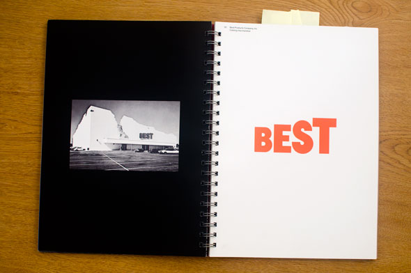 Spread; right is a orange graphic reading BEST, with the letters getting gradually larger, against a white background. left is a black and white photo, of the same graphic as a design on a storefront, against a black background.
