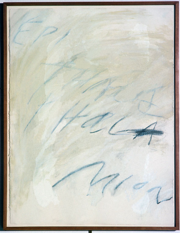 Close up of a white and off white painting with sparse blue lines