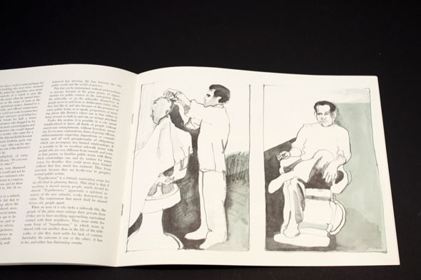 Two drawings in a barbershop. The left is of a stylist cutting a customers hair, the right is of a customer casually sitting in a barber chair. 