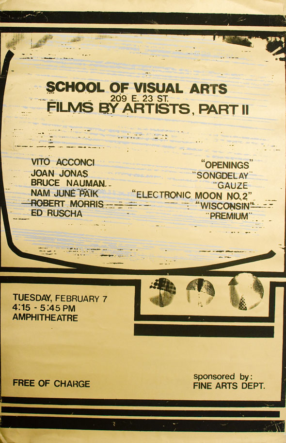 A flyer. Black text is contained inside a rough graphic resembling a television against a pale yellow background. The flyer is for a film event in SVA. 