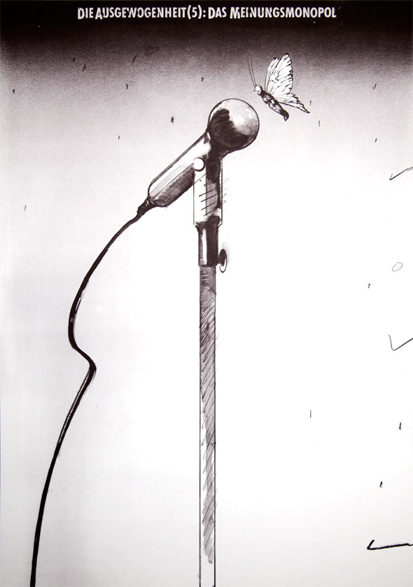 Black and white illustration of a butterfly speaking into a microphone