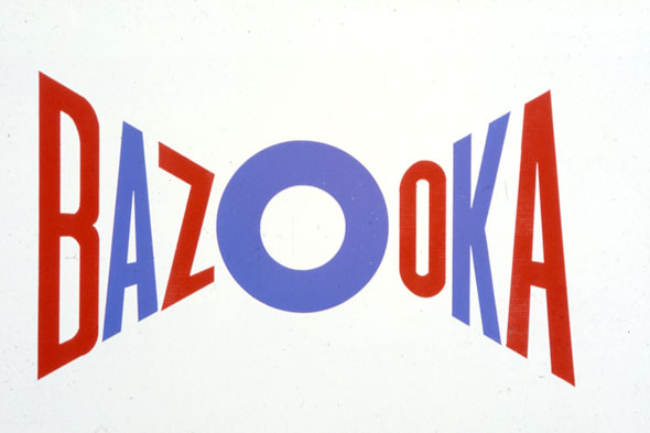 A design for  the logo "Bazooka". The color of the letters are a red-blue pattern. The first O in Bazooka is in the center and the biggest. The "Baz" in "Bazooka" is going into perspective towards the O and so is the "oka" in "Bazooka". It looks like a bowtie. 