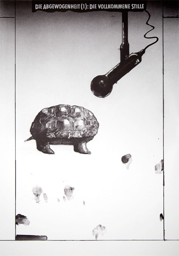 Black and white illustration of a turtle with a receded head talking into a microphone