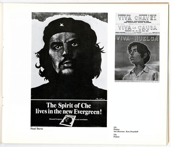 Two black and white posters; left depicts Che Guevara and reads The spirit of Che lives in the new Evergreen! right poster shows a woman and reads Viva la Huelga