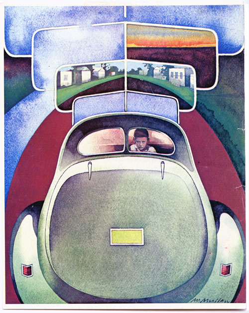 A watercolor illustration of a dull green Volkswagen Beetle car driving ahead with a boy looking back, towards us. The car is on a red road and in front of the car it has images of several different locations, the first image is a sky split in two, the second is a suburban road with houses image that is split in two, the third is an image split in two, the left is a blue sky with a cloud and the right is a sunset, the fourth is a blue sky split in two.