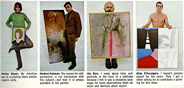 Panels of Shirley Glaser, Herbert Katzman, Jim Dine, and Allan D'Arcangelo each posing with a self-portrait.