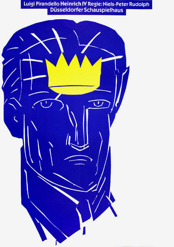 blue illustration of a mans head against a white background with a yellow crown in his forehead