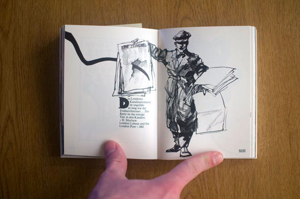 Flipbook opened to show a spread depicting a German soldier carrying posters