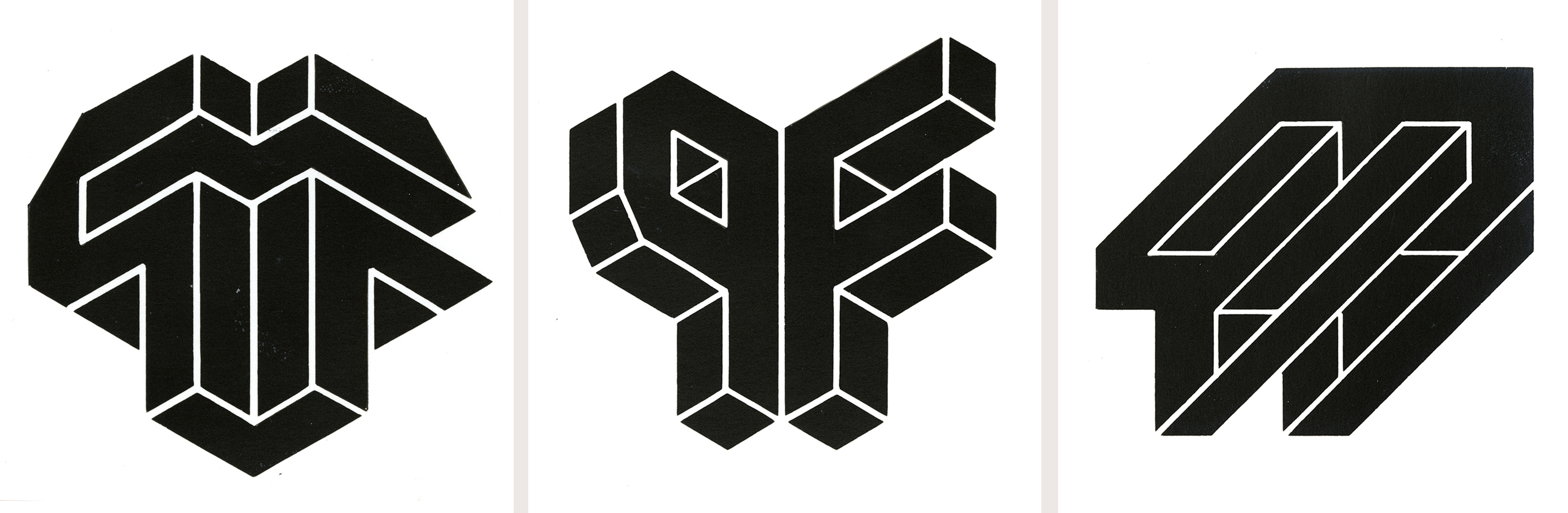 Two logos made of a three-dimensional P and F, and a third logo of indeterminate shape with contradictory perspectives
