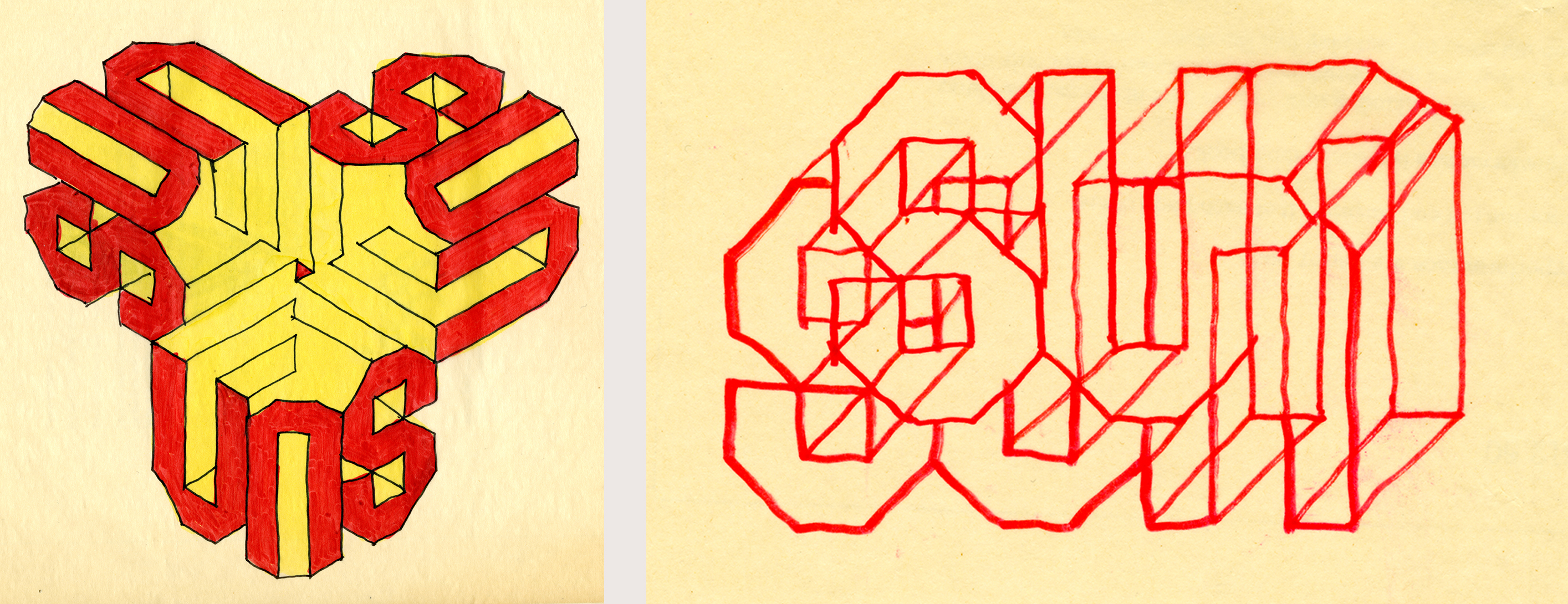A hand-drawn three-dimensional wire-frame projection of the word sun with ambiguous perspective