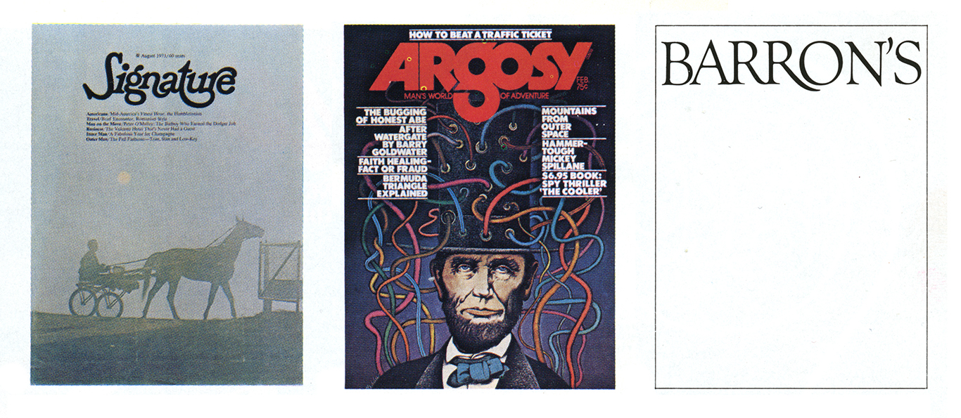 Three magazine covers featuring Ferriter logos, Signature, Argosy, and Barron's respectively