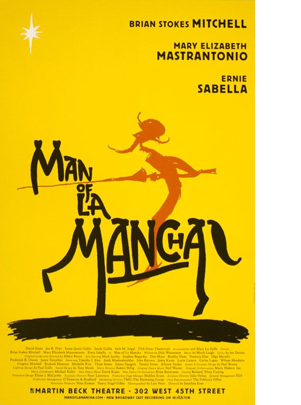 A poster. Illustration of a stylized knight in red, looking at a white star in the yellow sky, while riding a black horse made out of text reading "Man of La Mancha". 