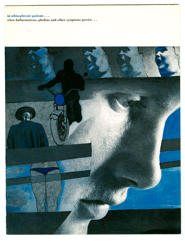 Collage of black, gray and blue photography and illustration, including a man's face in profile and a person riding a motorcycle, with black geometric bars cutting in.